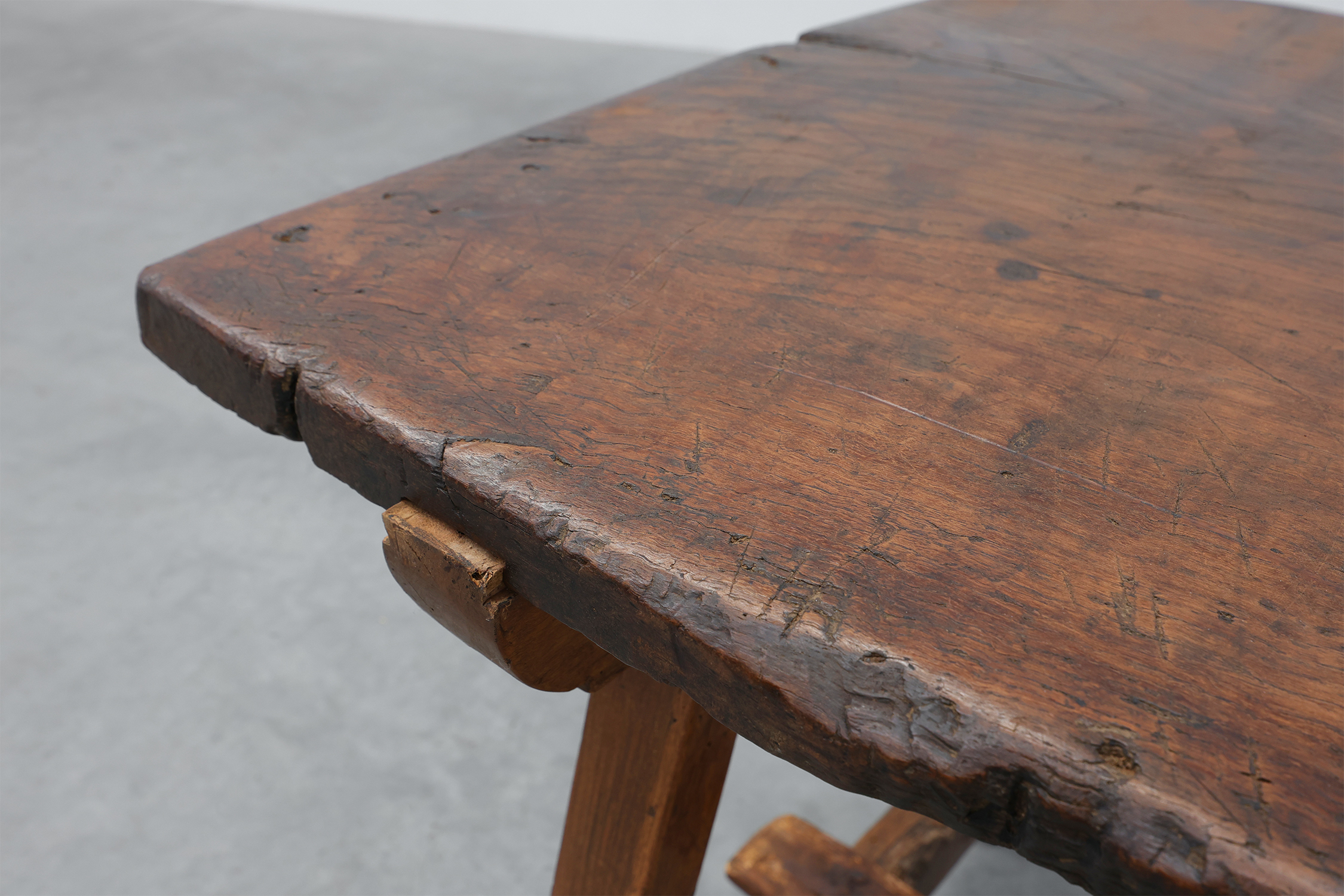 Spanish Rustic Trestle Table with Drawer and X-Stretchers, Spain, 19th Centurythumbnail